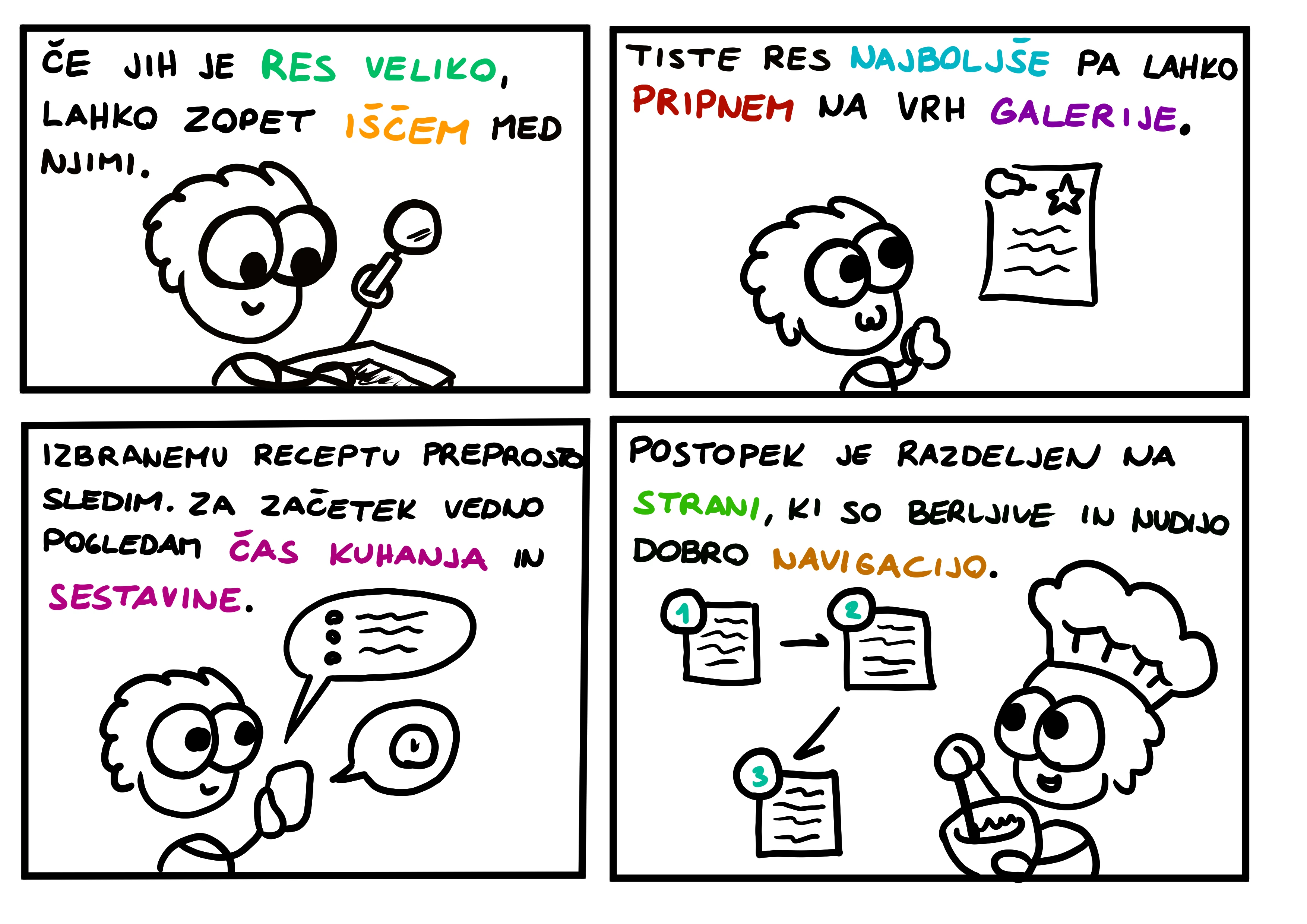 Gregor ugotovi, da lahko išče recepte v galeriji, najbolj priljubljene pa lahko pripne na vrh same galerije. Nato podrobneje spozna nek izbrani recept.